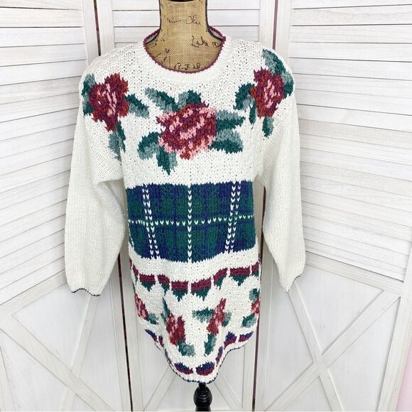 Carolina Colours Vintage Floral Chunky Sweater Cream Maroon Pink Medium - Picture 1 of 11